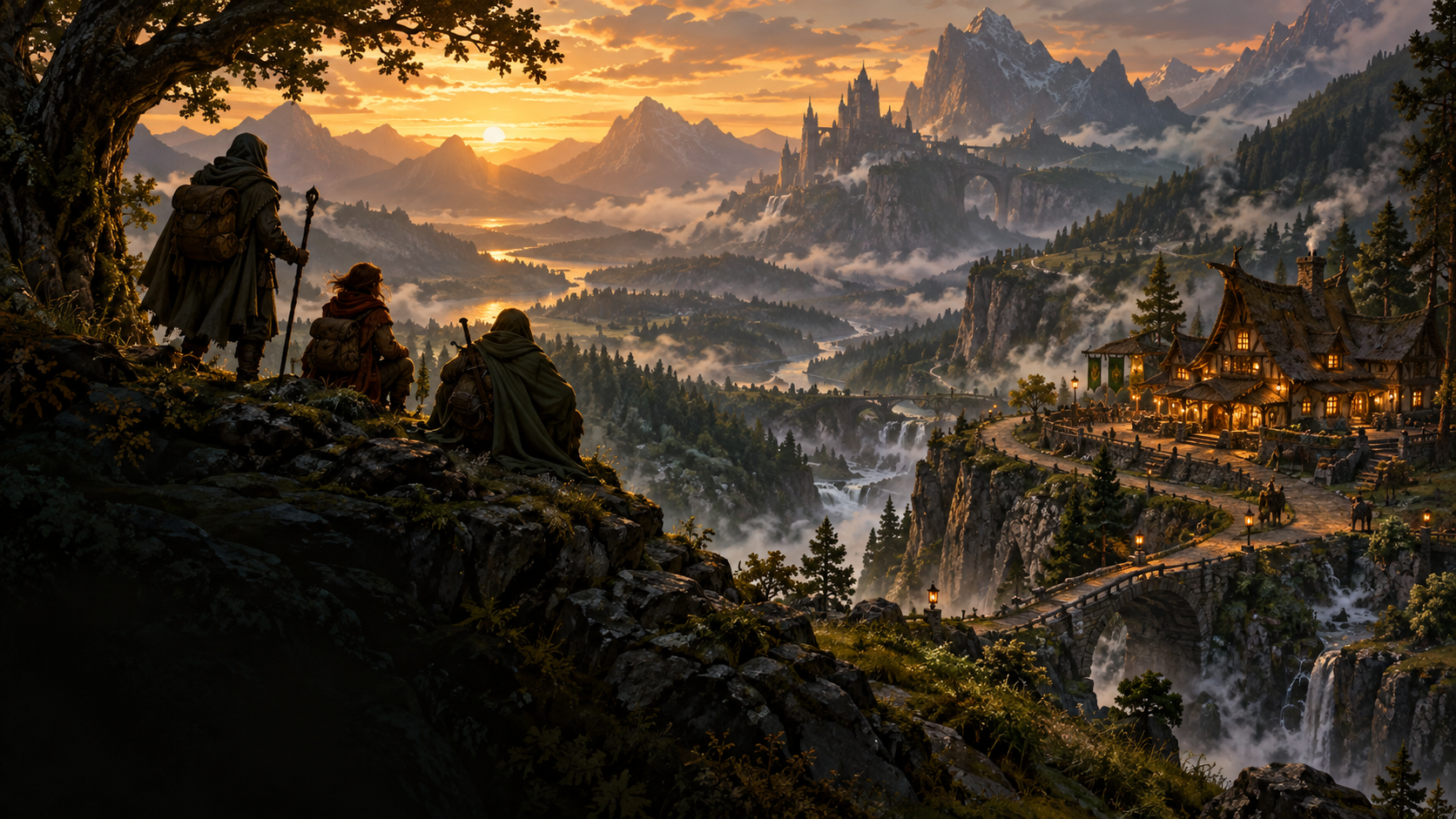 Original illustration of travelers overlooking a fantasy valley